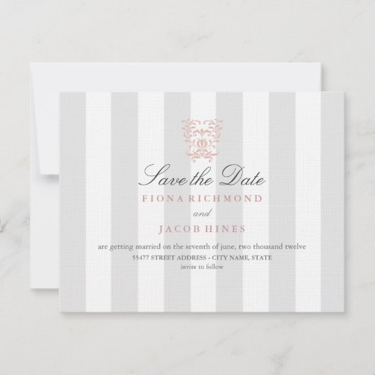 Grey Stripes & Peach Damask Wedding Save The Date (Voorkant)