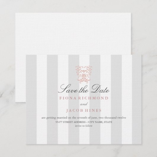 Grey Stripes & Peach Damask Wedding Save The Date (Voorkant / Achterkant)