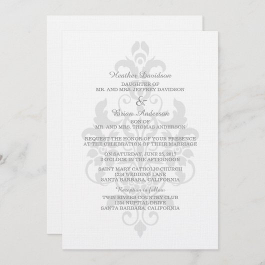 Grey Subtle Damask Wedding Invite Kaart (Voorkant / Achterkant)
