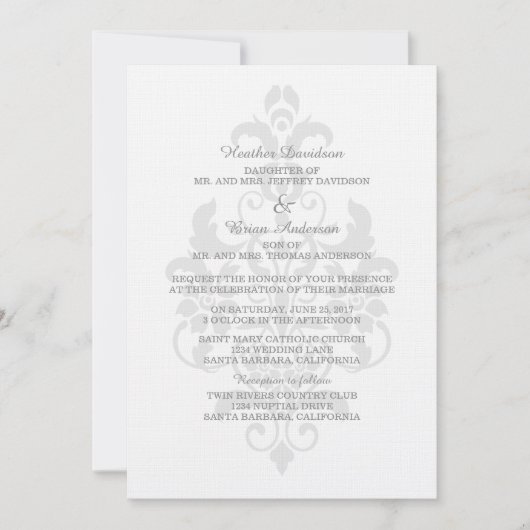 Grey Subtle Damask Wedding Invite Kaart (Voorkant)