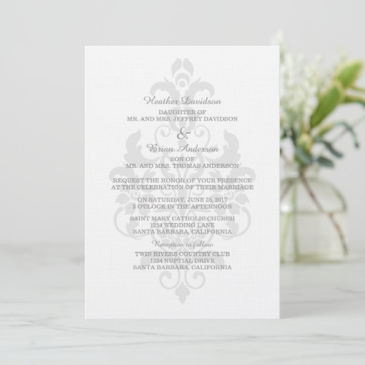 Grey Subtle Damask Wedding Invite Kaart (Staand voorkant)