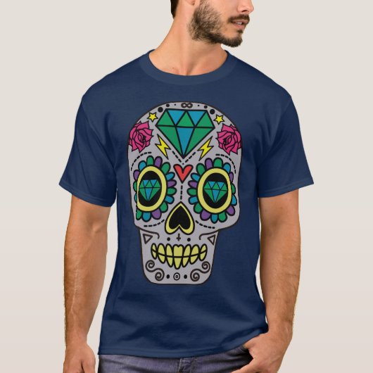 Grey Sugar Skull Art, Dag van de Doden T-shirt (Voorkant)
