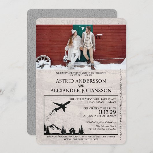 Grey Sweden Passport Uitnodiging voor de bruiloft (Voorkant / Achterkant)