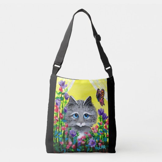 Grey Tabby Butterflies Flowers Crossbody Tas (Voorkant)