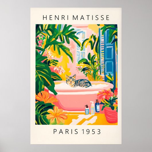 Grey Tabby Cat Bath Art Print Matisse Style (Voorkant)