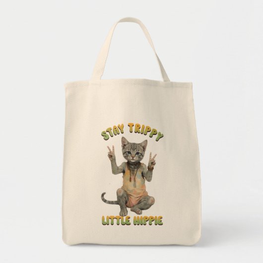 Grey Tabby Cat Boho Stay Trippy Little Hippie Tote Bag (Voorkant)