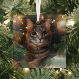Grey Tabby Cat Glass Ornament