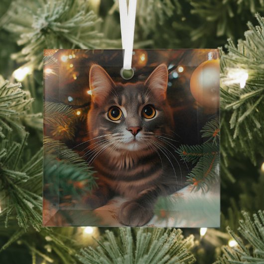 Grey Tabby Cat Glass Ornament (Insitu)