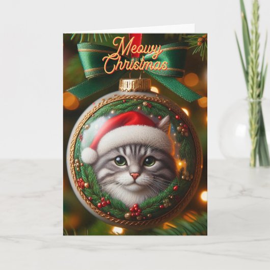 Grey Tabby Cat op Ornament Kerst Kaart (Voorkant)