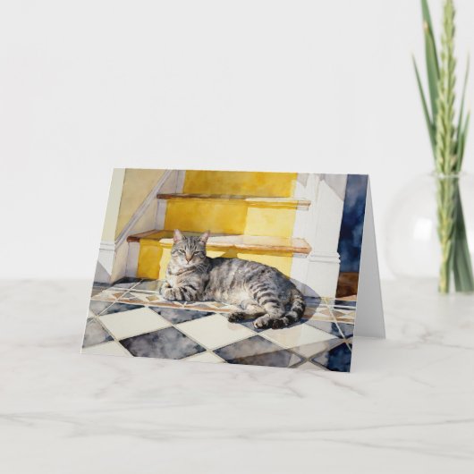 Grey Tabby Cat Study A In Watercolors Kaart (Voorkant)