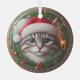 Grey Tabby Santa Hat Glass Ornament