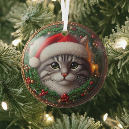 Grey Tabby Santa Hat Glass Ornament (Insitu)