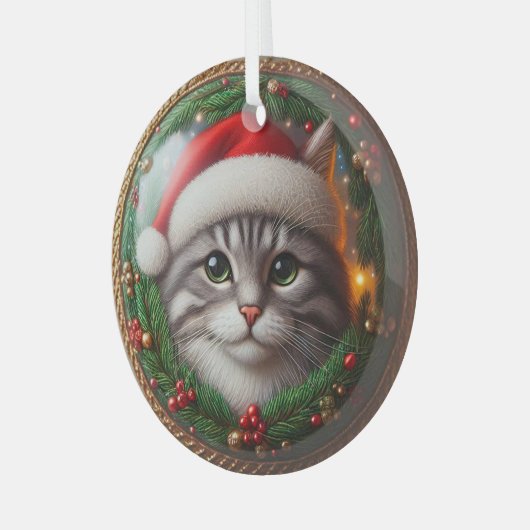 Grey Tabby Santa Hat Glass Ornament (Voorkant links)