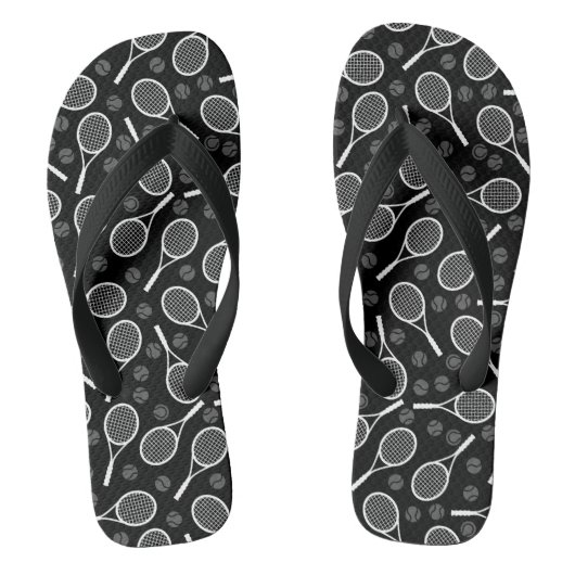 Grey Tennis Rackets en Balls Pattern Sporty Black Teenslippers (Voetbed)