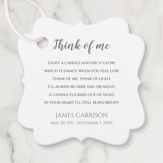 Grey Think of Me Celebration of Life Candle Bedankjes Labels (Voorkant)