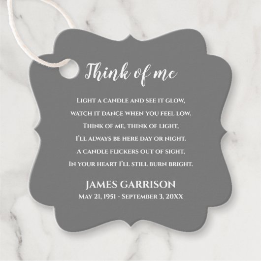Grey Think of Me Celebration of Life Candle Bedankjes Labels (Voorkant)