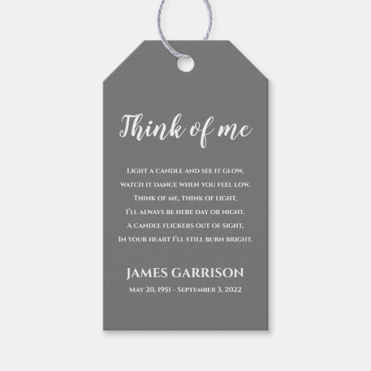 Grey Think of Me Celebration of Life Candle Cadeaulabel (Voorkant)
