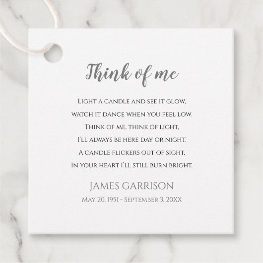 Grey Think Of Me Viering van het Leven Foto Kaars Bedankjes Labels (Voorkant)