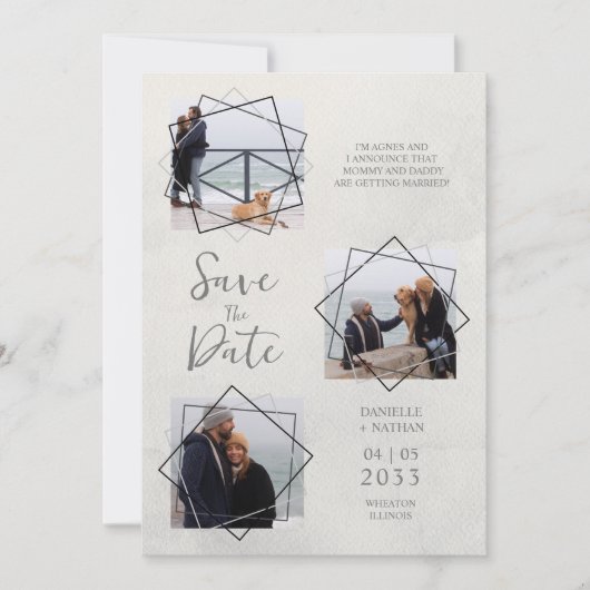 Grey Three Photos Collage Pet Dog Wedding Save The Date (Voorkant)