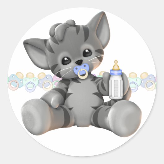 Grey Tiger Kitten Blue Baby Boy Ronde Sticker (Voorkant)