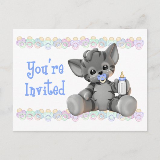 Grey Tiger Kitten Blue Baby shower Invitation Uitnodiging Briefkaart (Voorkant)
