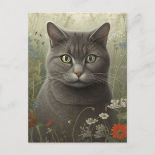 Grey Tom Cat in een bloementuin Briefkaart