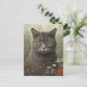 Grey Tom Cat in een bloementuin Briefkaart (Staand voorkant)