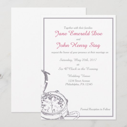 Grey Travel Compass bruiloft uitnodiging (Voorkant / Achterkant)
