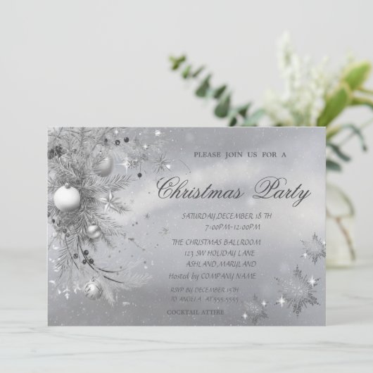 Grey Tree Branch Balls Sneeuwvlokken Kerstmis Kaart (Staand voorkant)