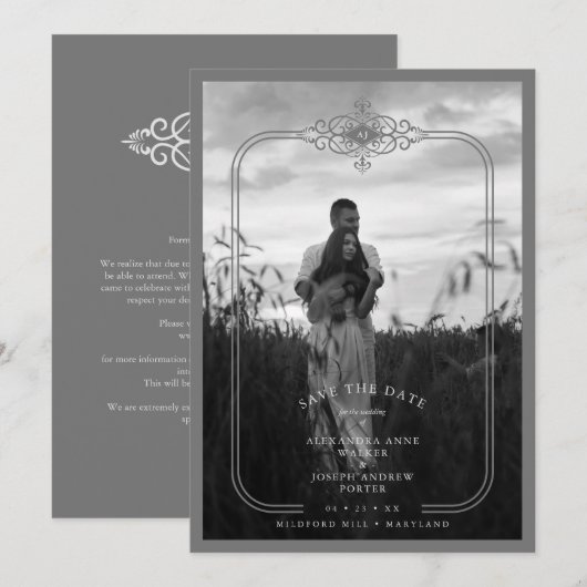 Grey Trendy Lace Flourish Initials Wedding Photo Save The Date (Voorkant / Achterkant)