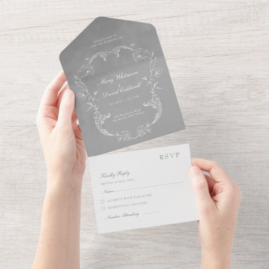 Grey Velvet Elegant Baroque Frame Wedding All In One Uitnodiging (Afscheurbaar)
