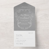 Grey Velvet Elegant Baroque Frame Wedding All In One Uitnodiging (Binnen)