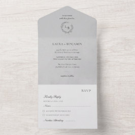 Grey Velvet Laurel Wreath Minimalist Wedding All In One Uitnodiging