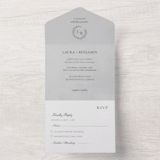 Grey Velvet Laurel Wreath Minimalist Wedding All In One Uitnodiging (Binnen)