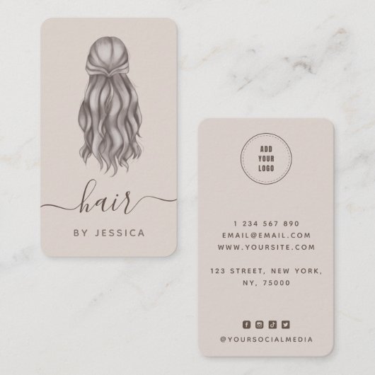 Grey Wavy Hair Haarstylist Voeg Logo en sociale me Visitekaartje (Voorkant / Achterkant)