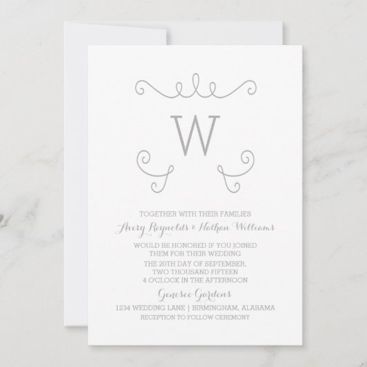 Grey Whimsical Flourish Monogram Wedding Invite Kaart (Voorkant)