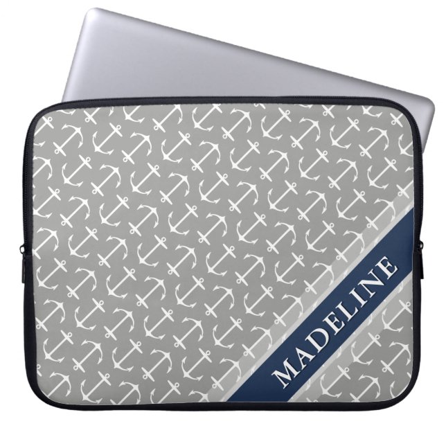 Grey White Anchor Pattern Navy Name Laptop Sleeve (Voorkant)