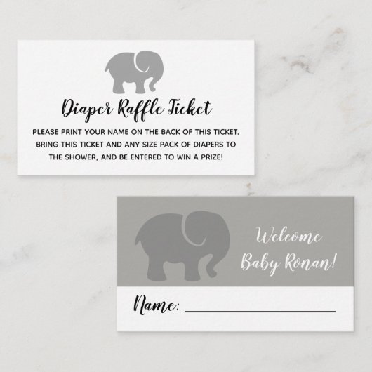 Grey & White Elephant Luier Raffle Ticket Informatiekaartje (Voorkant / Achterkant)