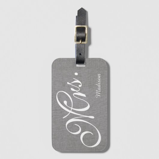 Grey White Linen Pas getrouwd Mrs Wedding Bagagelabel (Voorkant (verticaal))