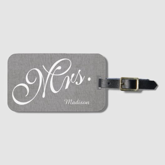 Grey White Linen Pas getrouwd Mrs Wedding Bagagelabel (Voorkant (horizontaal))