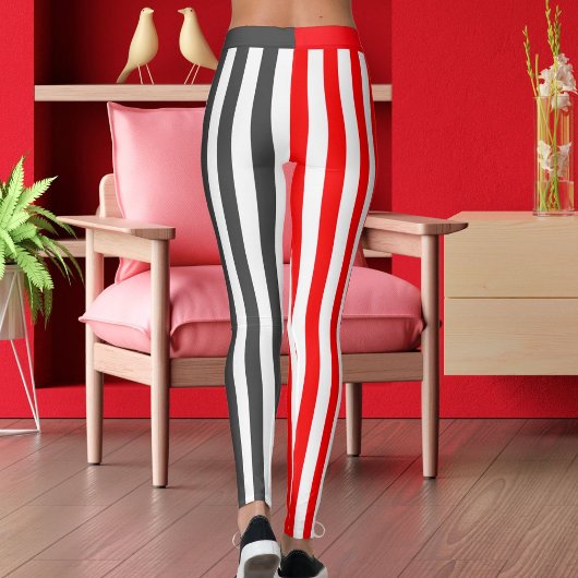Grey White Red Striped Women's Athletic Workout Leggings