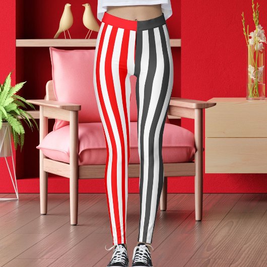 Grey White Red Striped Women's Athletic Workout Leggings