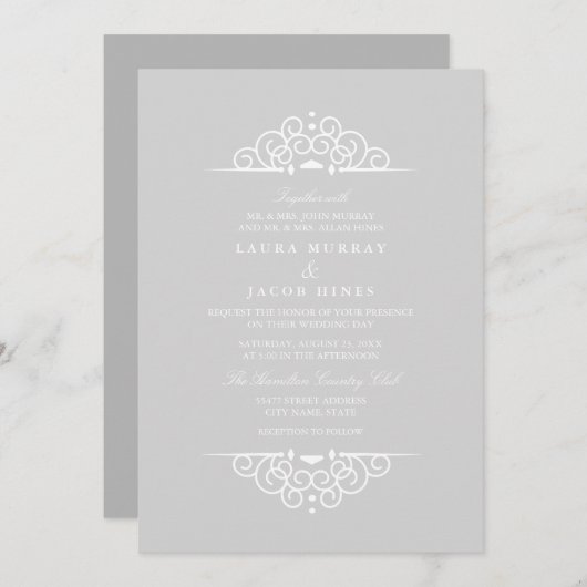 Grey & White  scroll bruiloft uitnodiging (Voorkant / Achterkant)