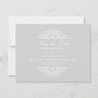 Grey & White Scroll Wedding Sla de datum op Save The Date