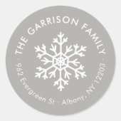 Grey Winter Snowflake Circle Retour Adreslabel Ronde Sticker (Voorkant)