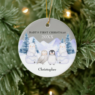 Grey Winter Woodland Animal Baby's Eerste Kerstmis Keramisch Ornament