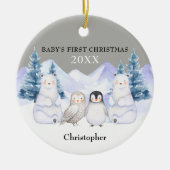 Grey Winter Woodland Animal Baby's Eerste Kerstmis Keramisch Ornament (Voorkant)