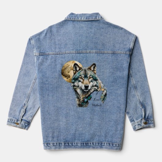 Grey Wolf & Gold Moon Blauwgroen *Personaliseer* Denim Jacket (Achterkant)