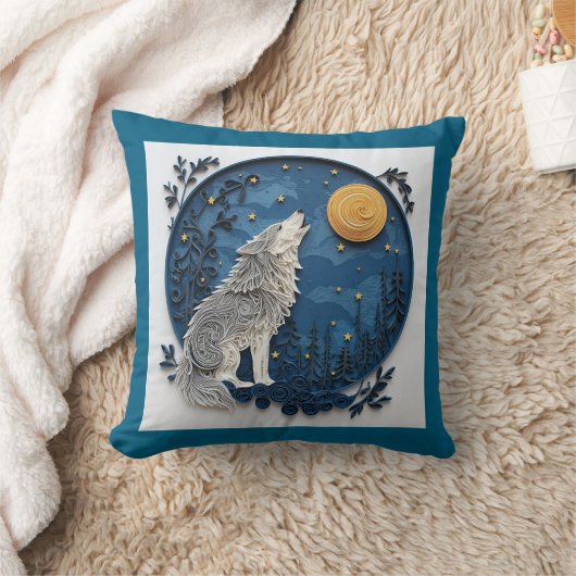 Grey Wolf Howing at the Moon Quilling Effect Kussen (Deken)