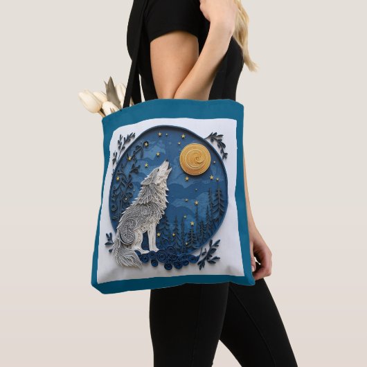 Grey Wolf Howing at the Moon Quilling Effect Tote Bag (Dichtbij)